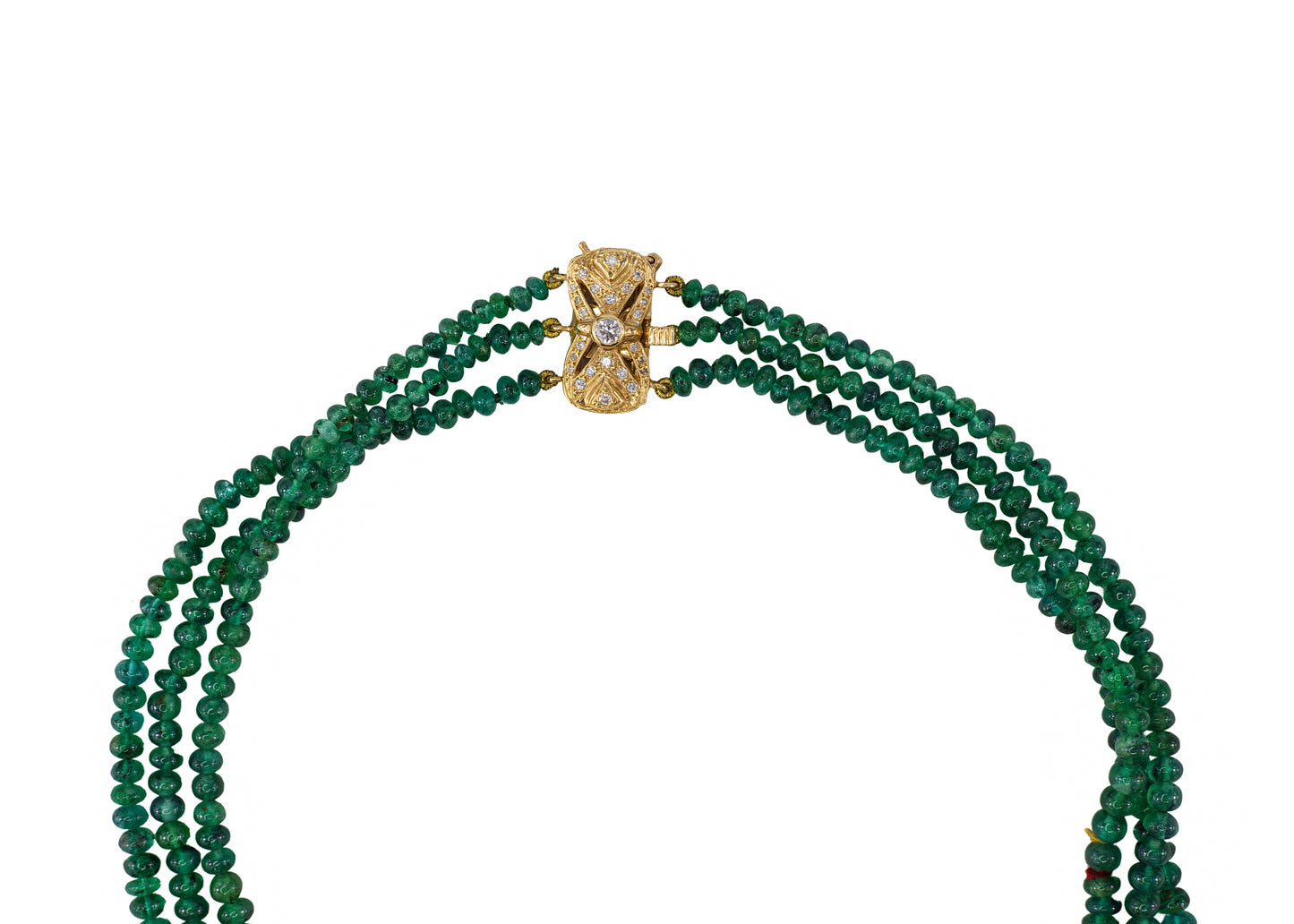 Yellow Gold Multi-Strand Emerald Bead Necklace with Diamond Filigree Clasp