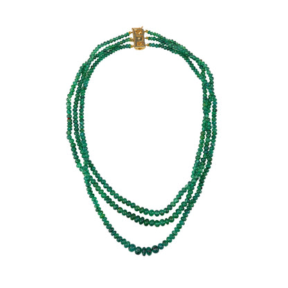 Yellow Gold Multi-Strand Emerald Bead Necklace with Diamond Filigree Clasp