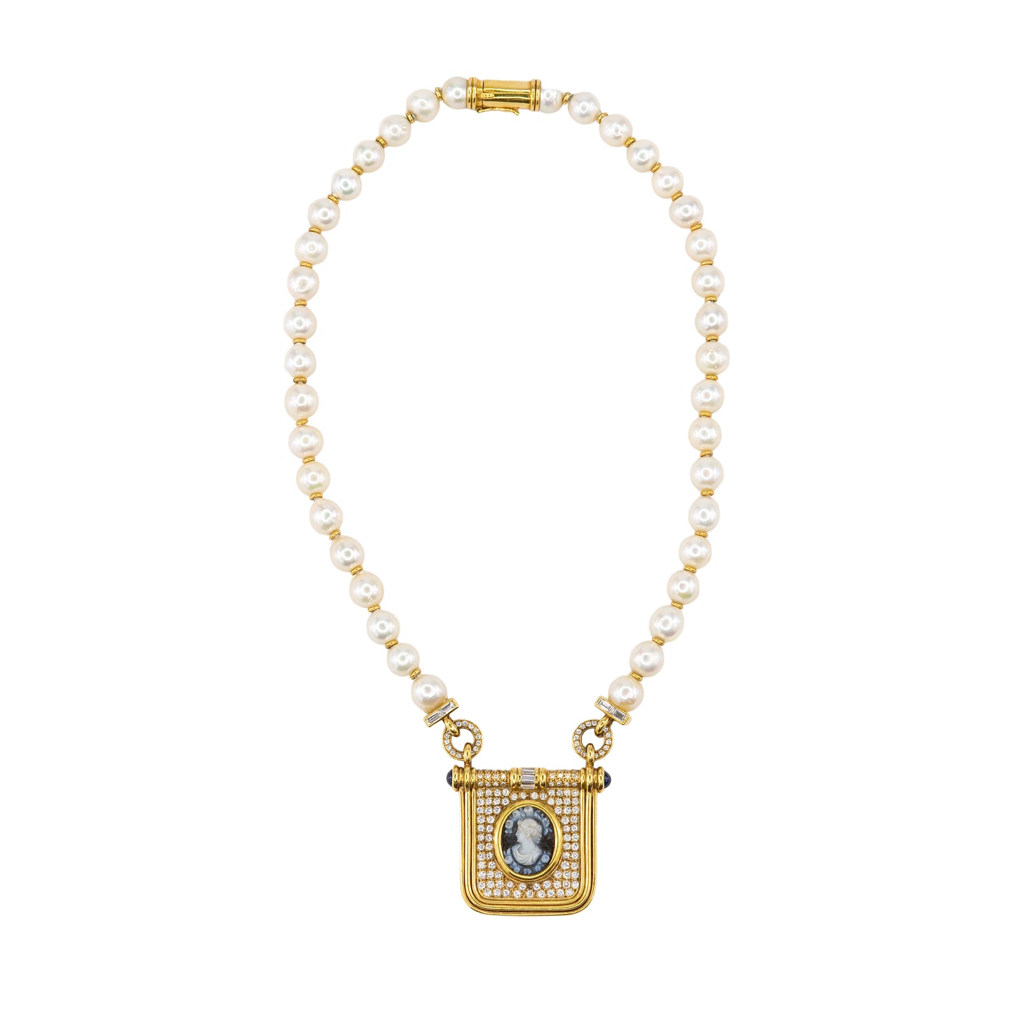 Yellow Gold Pearl, Diamond, Sapphire, and Agate Cameo Pendant Necklace