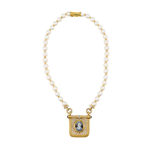 Yellow Gold Pearl, Diamond, Sapphire, and Agate Cameo Pendant Necklace