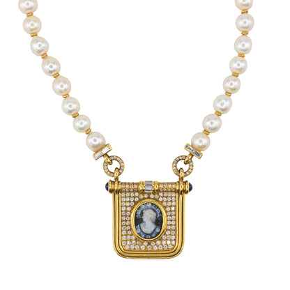 Yellow Gold Pearl, Diamond, Sapphire, and Agate Cameo Pendant Necklace