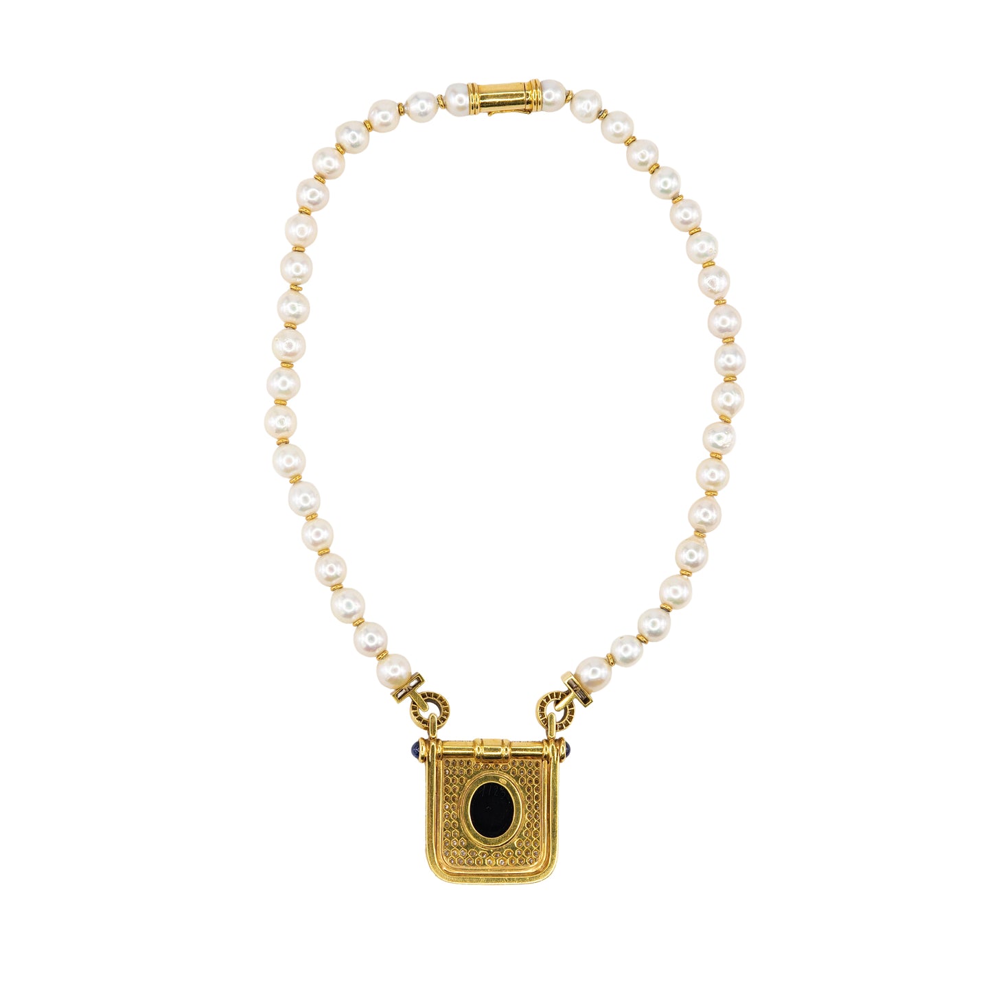 Yellow Gold Pearl, Diamond, Sapphire, and Agate Cameo Pendant Necklace
