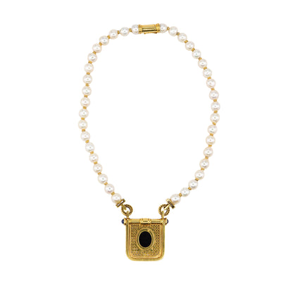 Yellow Gold Pearl, Diamond, Sapphire, and Agate Cameo Pendant Necklace