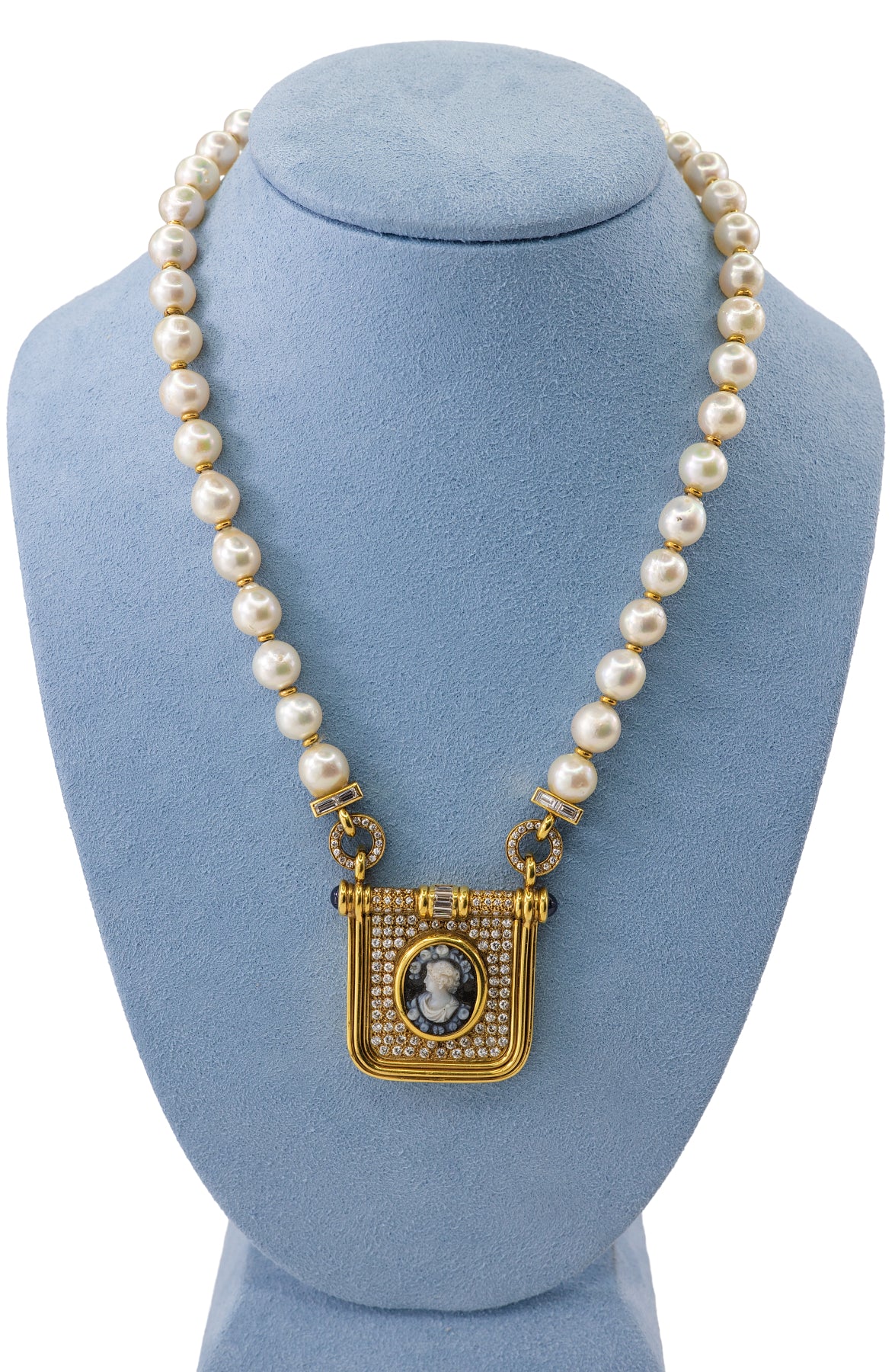 Yellow Gold Pearl, Diamond, Sapphire, and Agate Cameo Pendant Necklace