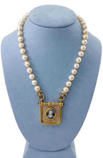 Yellow Gold Pearl, Diamond, Sapphire, and Agate Cameo Pendant Necklace