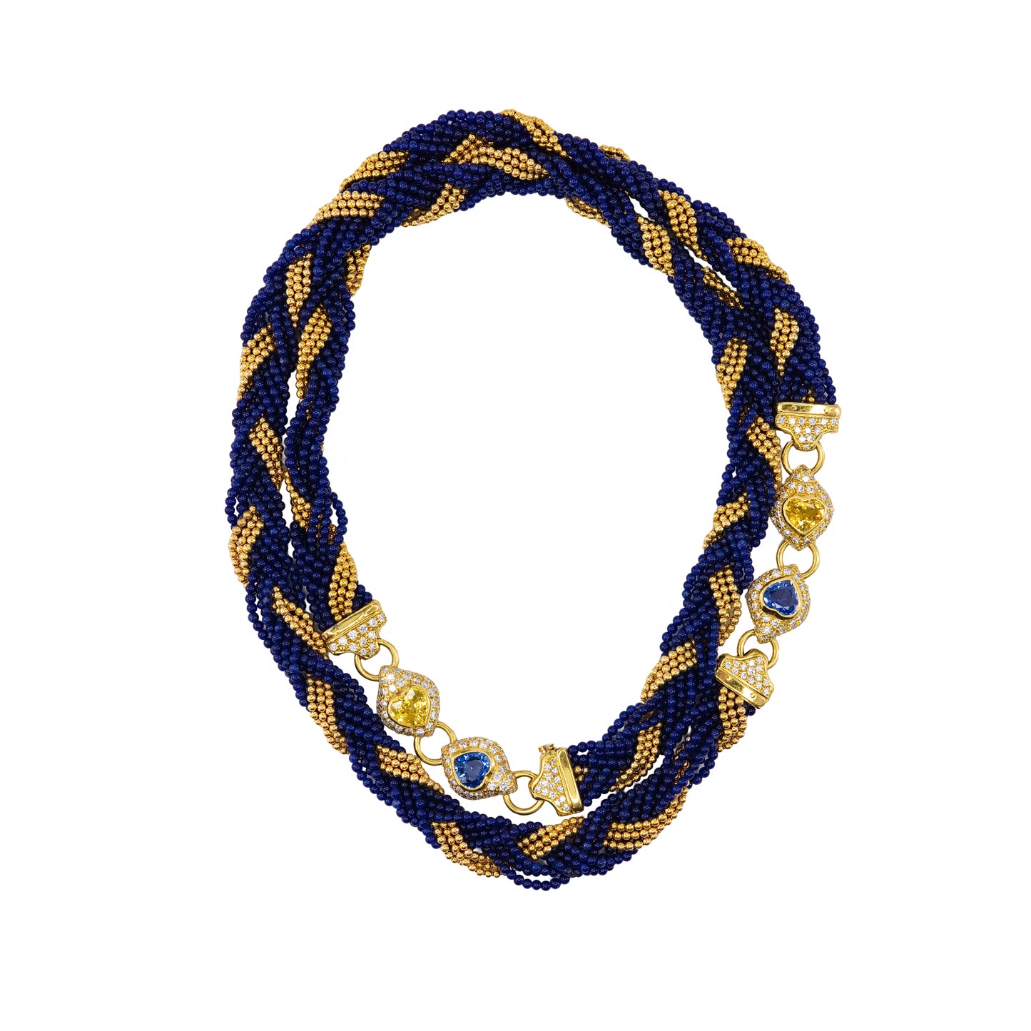 Yellow Gold Multi-Strand Twisted Blue Glass Bead, Sapphire, and Diamond Sautoir Necklace