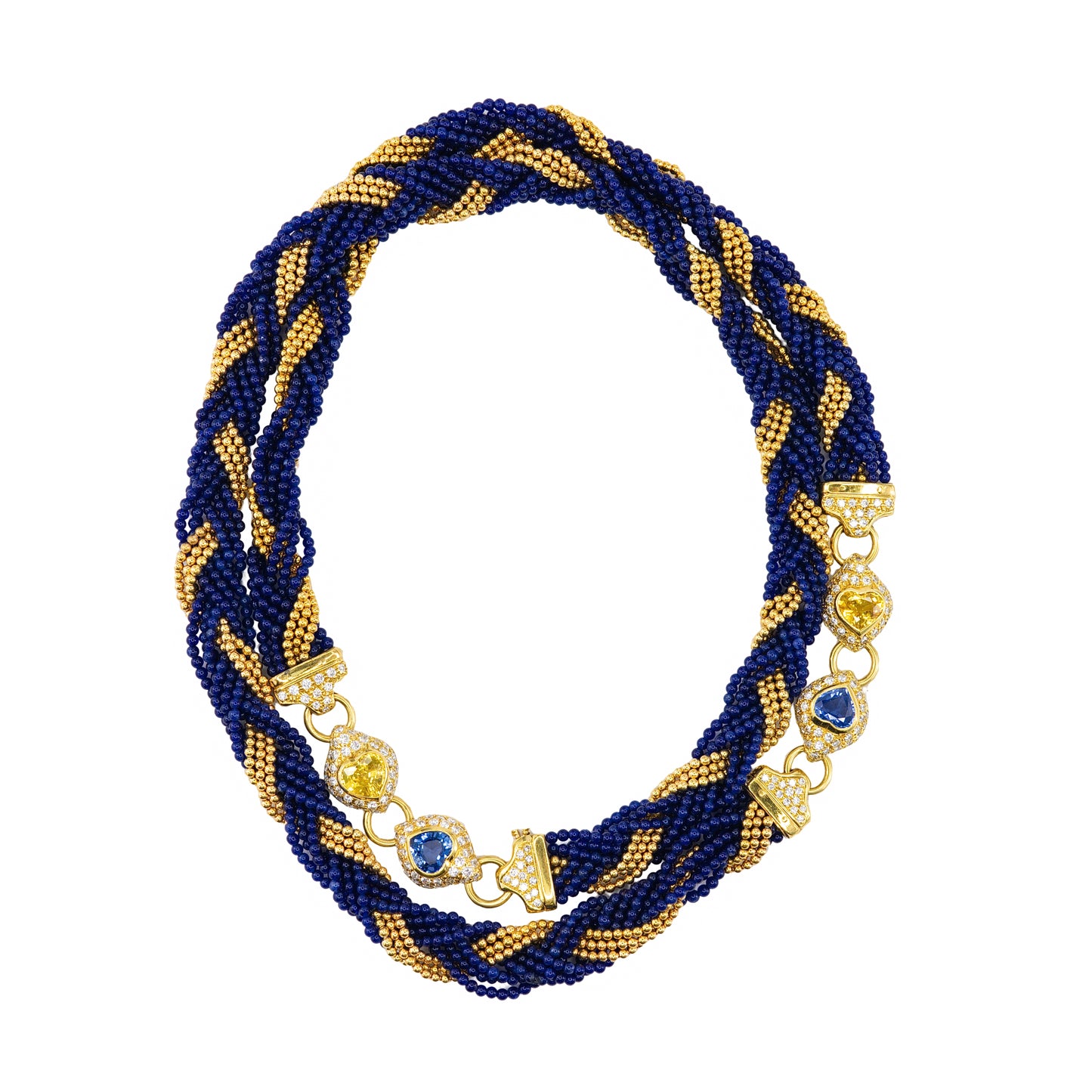 Yellow Gold Multi-Strand Twisted Blue Glass Bead, Sapphire, and Diamond Sautoir Necklace