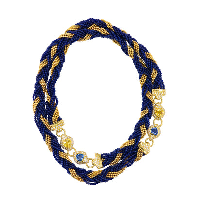 Yellow Gold Multi-Strand Twisted Blue Glass Bead, Sapphire, and Diamond Sautoir Necklace
