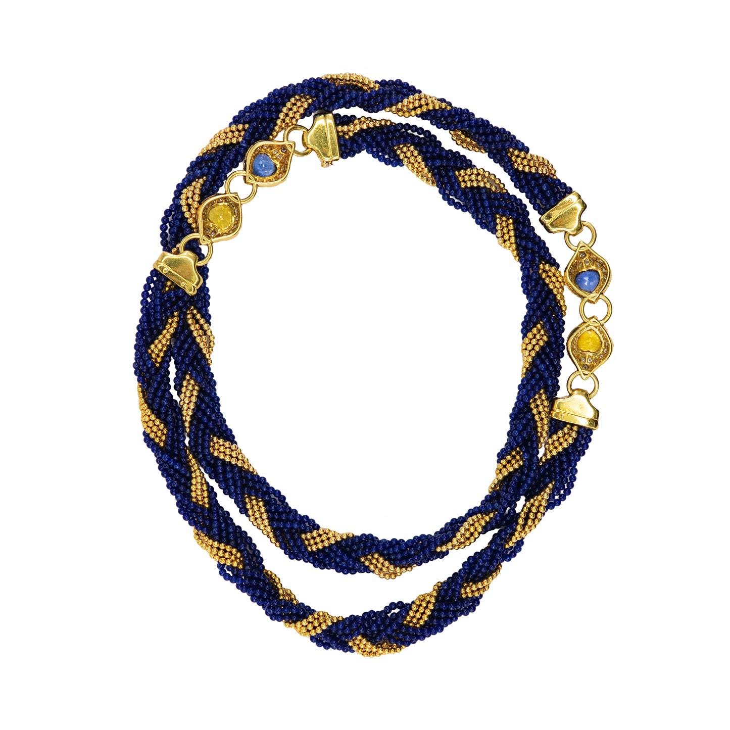 Yellow Gold Multi-Strand Twisted Blue Glass Bead, Sapphire, and Diamond Sautoir Necklace