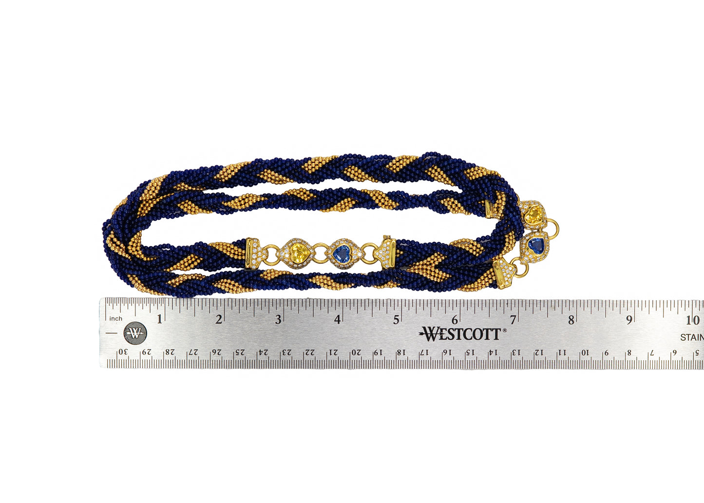 Yellow Gold Multi-Strand Twisted Blue Glass Bead, Sapphire, and Diamond Sautoir Necklace