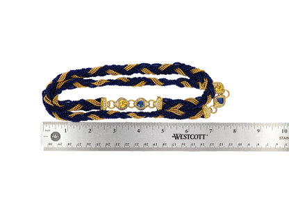Yellow Gold Multi-Strand Twisted Blue Glass Bead, Sapphire, and Diamond Sautoir Necklace
