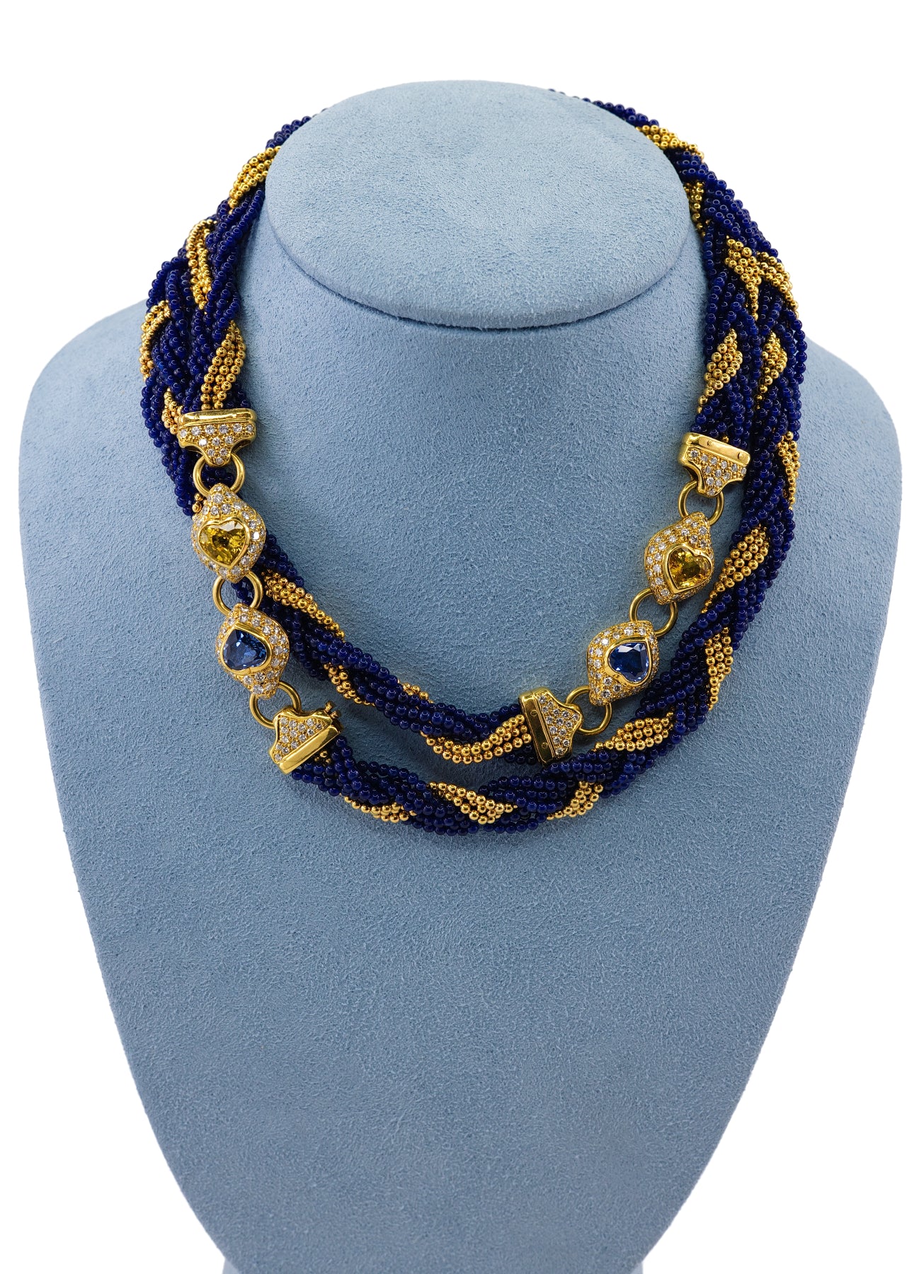 Yellow Gold Multi-Strand Twisted Blue Glass Bead, Sapphire, and Diamond Sautoir Necklace