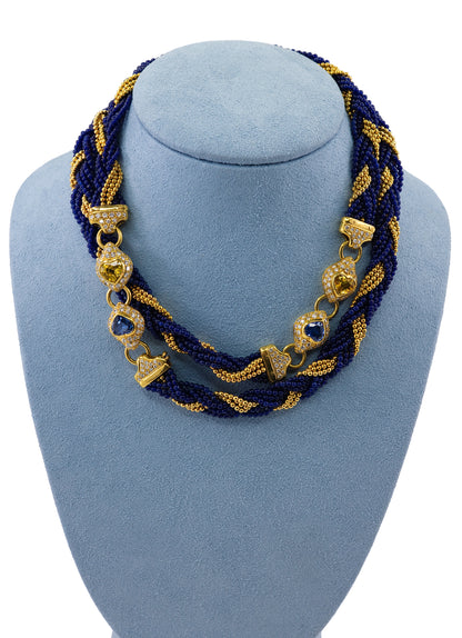Yellow Gold Multi-Strand Twisted Blue Glass Bead, Sapphire, and Diamond Sautoir Necklace
