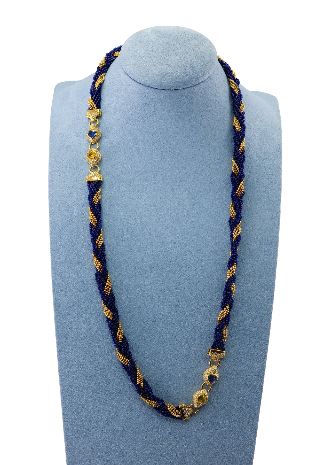 Yellow Gold Multi-Strand Twisted Blue Glass Bead, Sapphire, and Diamond Sautoir Necklace