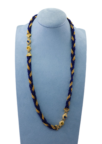 Yellow Gold Multi-Strand Twisted Blue Glass Bead, Sapphire, and Diamond Sautoir Necklace