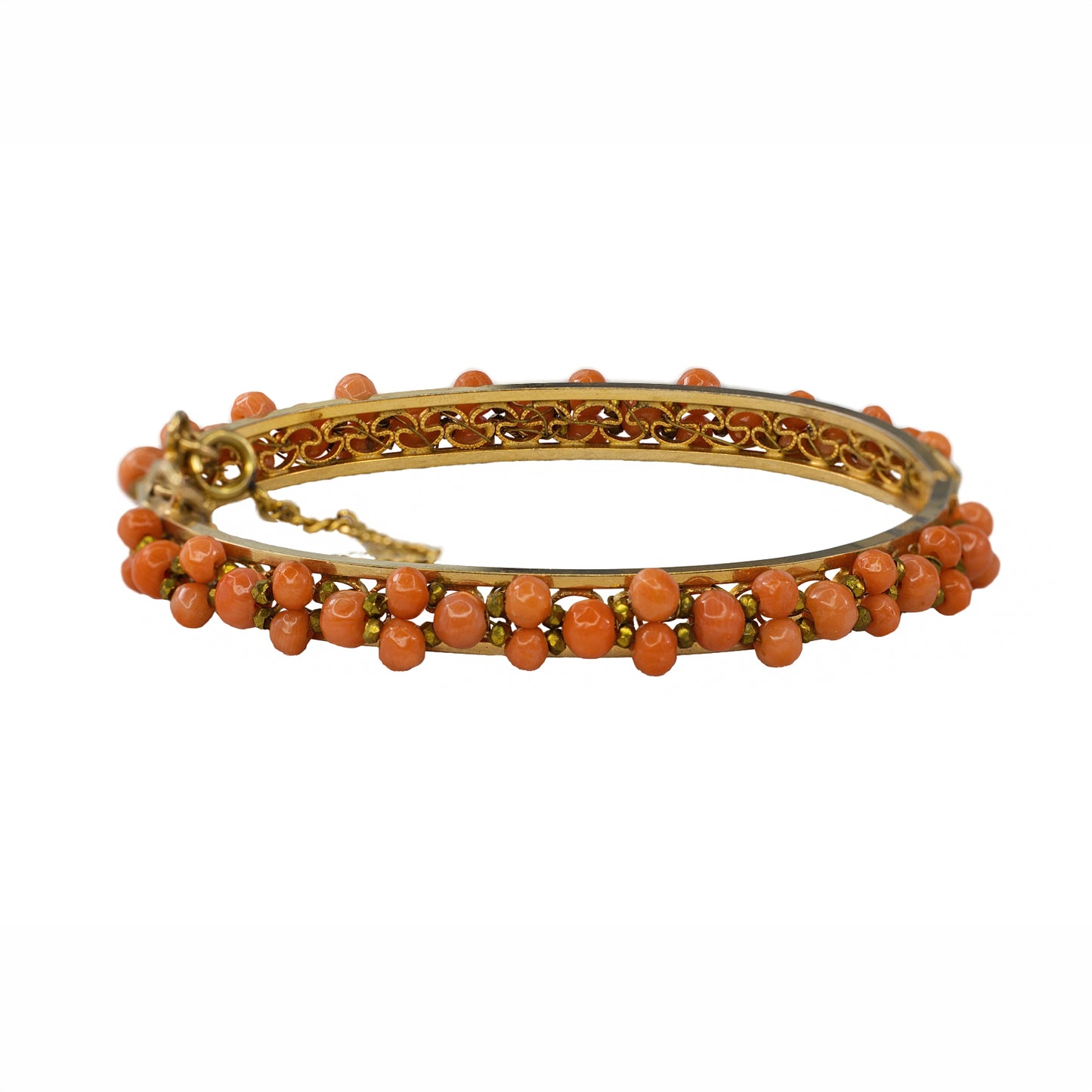 Yellow Gold Coral Bead and Filigree Bangle Bracelet