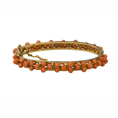 Yellow Gold Coral Bead and Filigree Bangle Bracelet