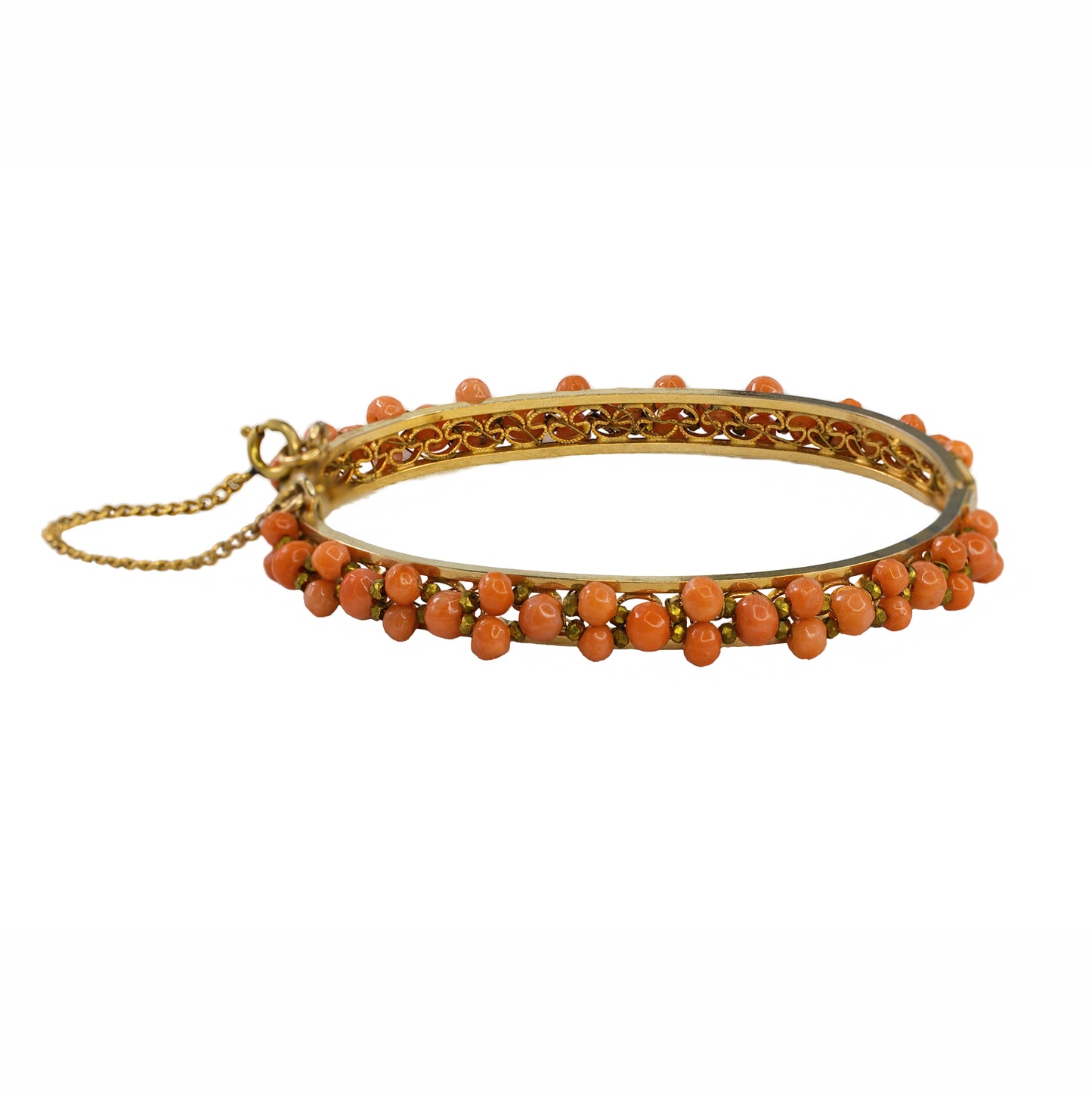 Yellow Gold Coral Bead and Filigree Bangle Bracelet