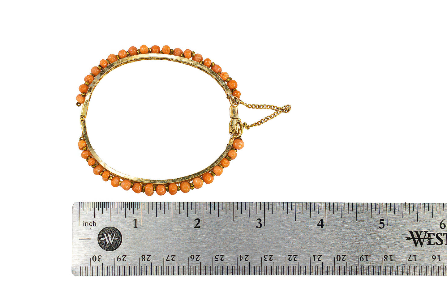 Yellow Gold Coral Bead and Filigree Bangle Bracelet