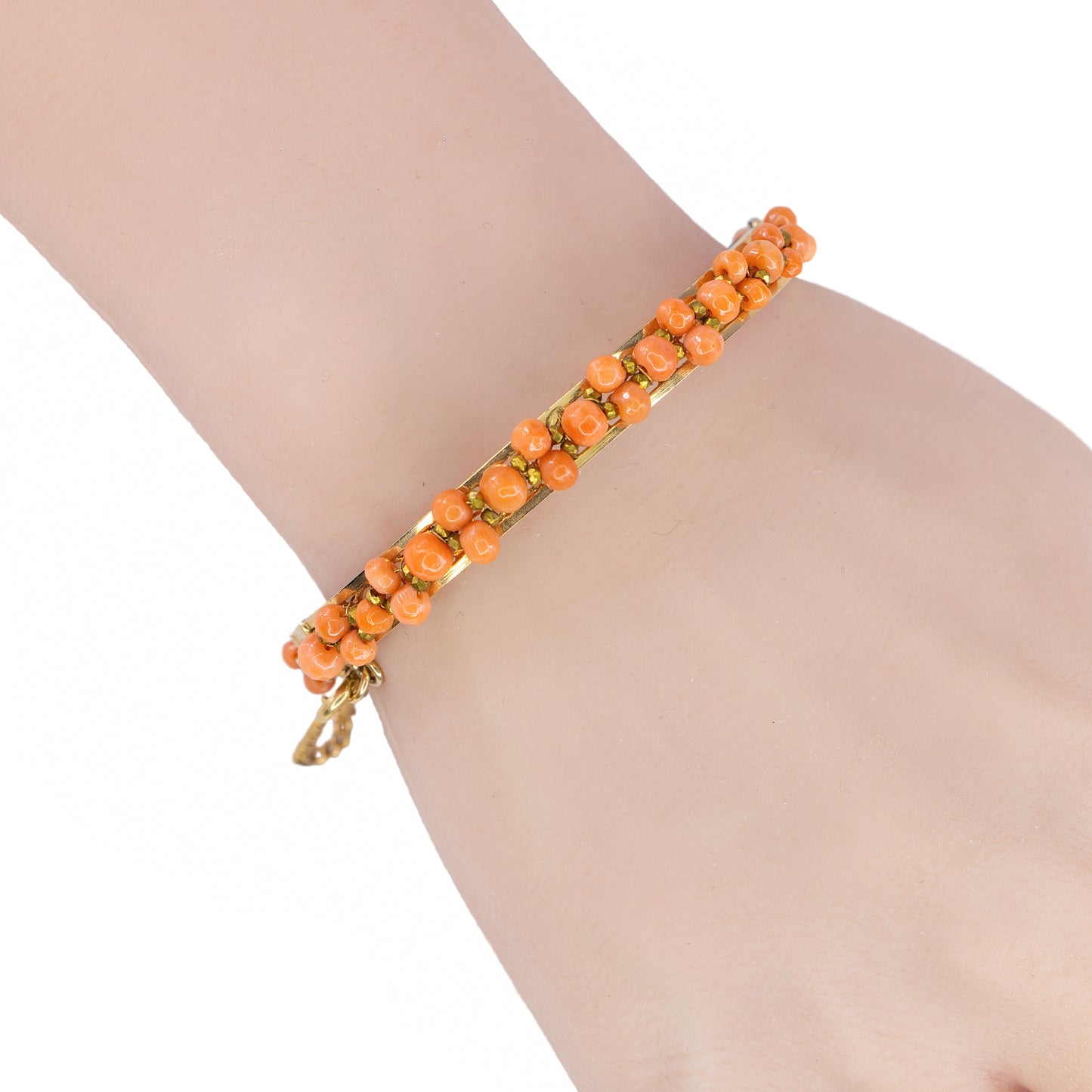 Yellow Gold Coral Bead and Filigree Bangle Bracelet