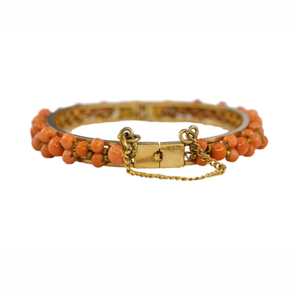 Yellow Gold Coral Bead and Filigree Bangle Bracelet