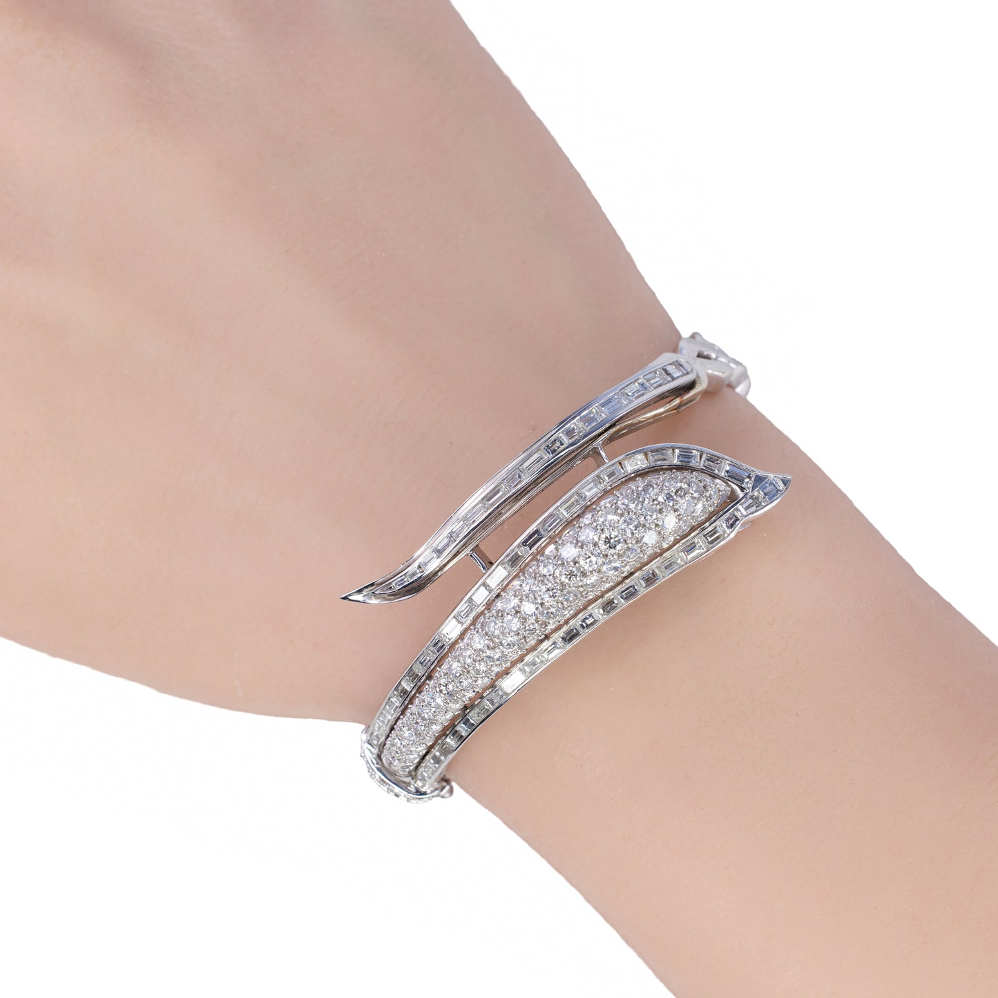 White Gold Diamond Bypass Hinged Bangle Bracelet