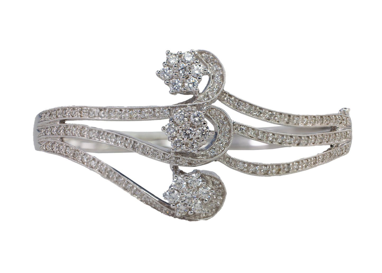 White Gold Three Floral Cluster Swirl Diamond Bangle Bracelet