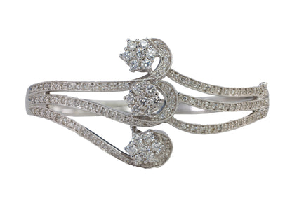 White Gold Three Floral Cluster Swirl Diamond Bangle Bracelet