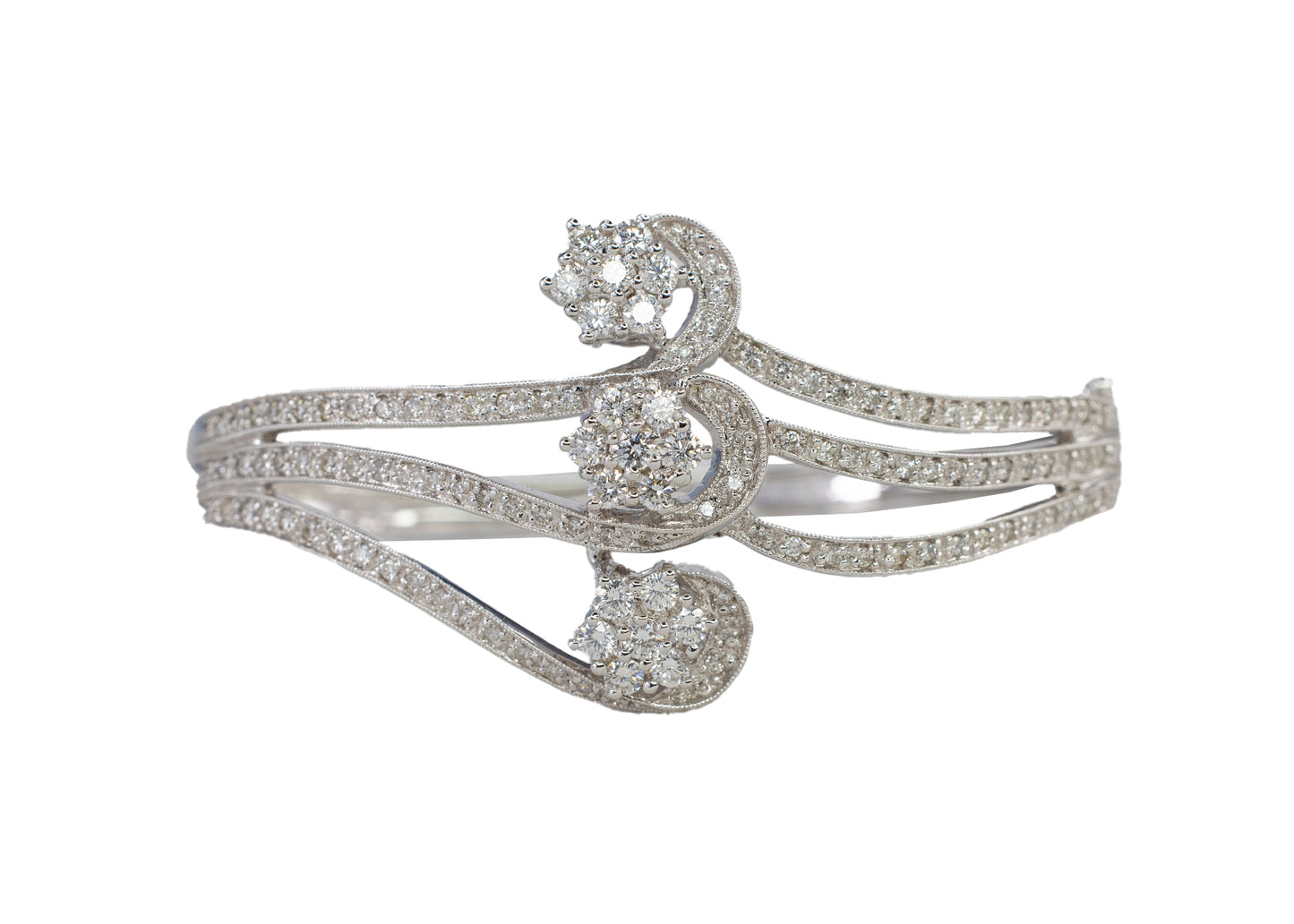 White Gold Three Floral Cluster Swirl Diamond Bangle Bracelet
