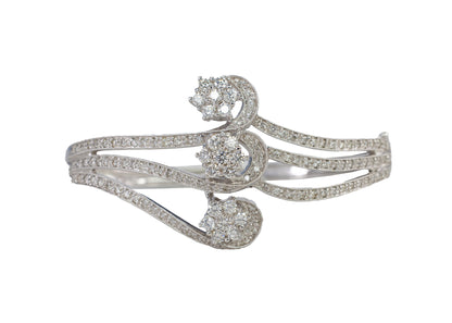 White Gold Three Floral Cluster Swirl Diamond Bangle Bracelet