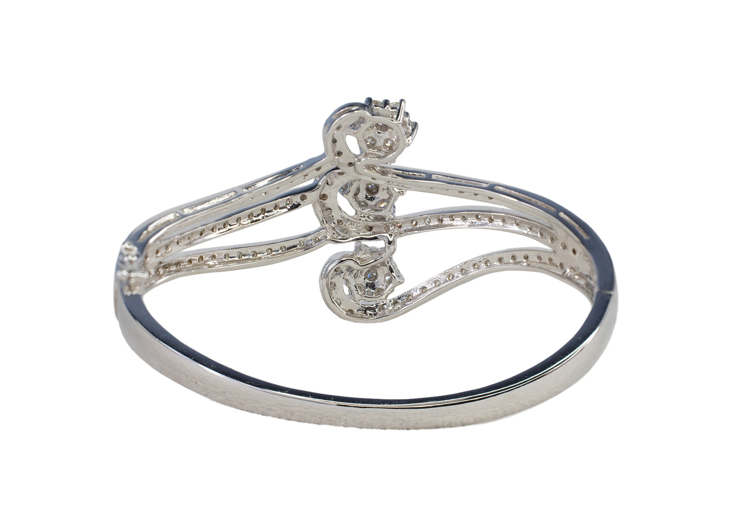 White Gold Three Floral Cluster Swirl Diamond Bangle Bracelet