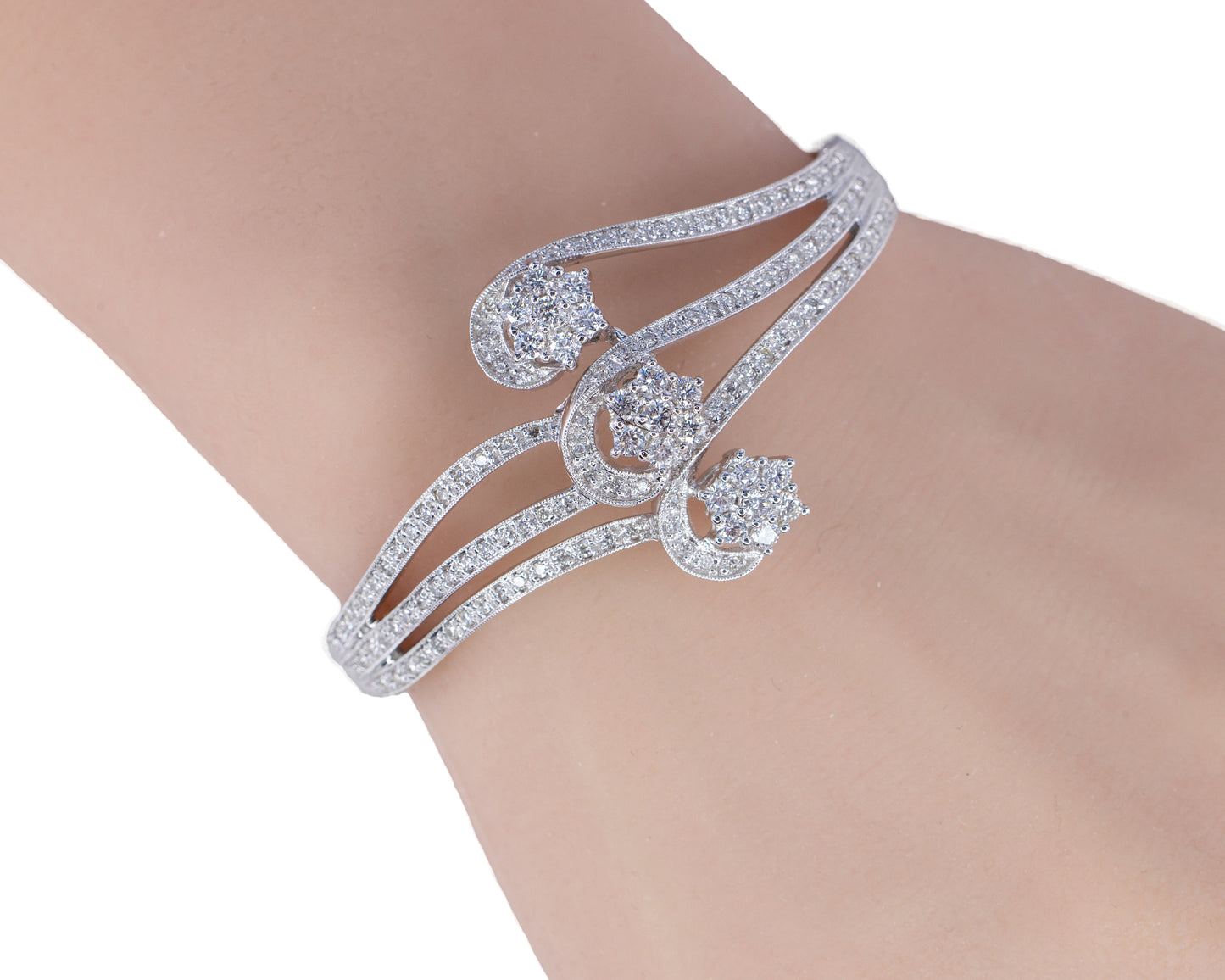 White Gold Three Floral Cluster Swirl Diamond Bangle Bracelet