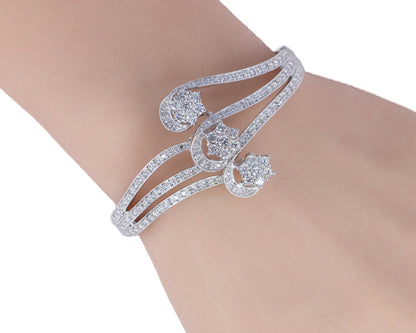 White Gold Three Floral Cluster Swirl Diamond Bangle Bracelet
