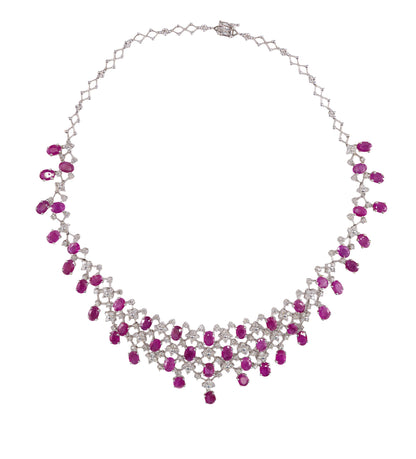 White Gold Ruby and Diamond Fringe Necklace