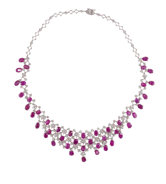 White Gold Ruby and Diamond Fringe Necklace