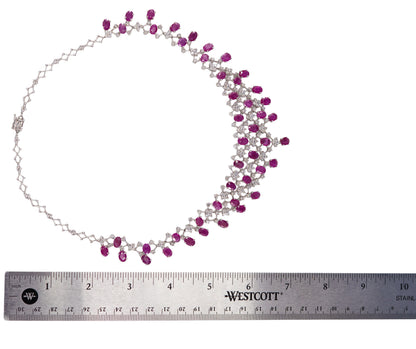 White Gold Ruby and Diamond Fringe Necklace