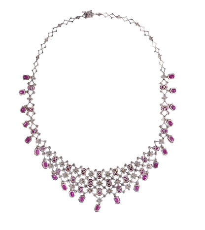 White Gold Ruby and Diamond Fringe Necklace