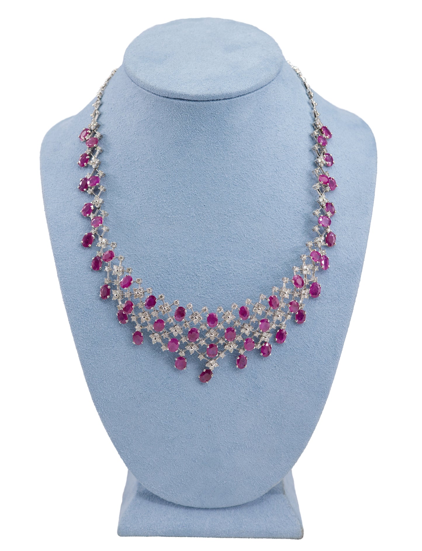 White Gold Ruby and Diamond Fringe Necklace