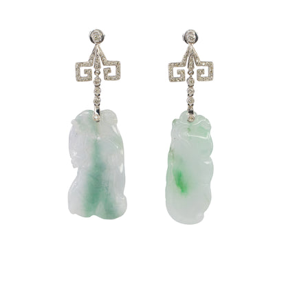 White Gold Carved Jadeite Jade and Diamond Asian-Motif Drop Earrings