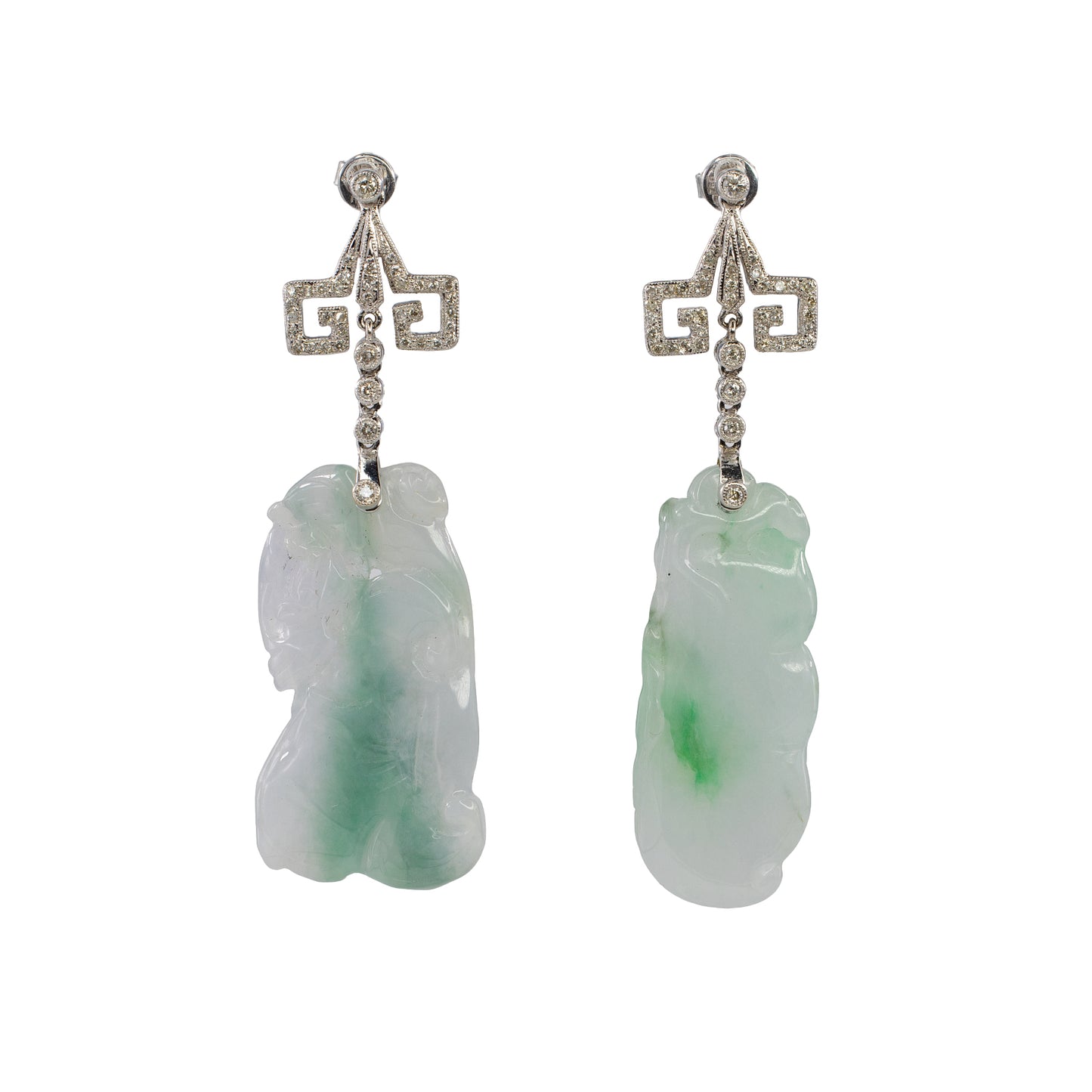 White Gold Carved Jadeite Jade and Diamond Asian-Motif Drop Earrings