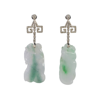 White Gold Carved Jadeite Jade and Diamond Asian-Motif Drop Earrings