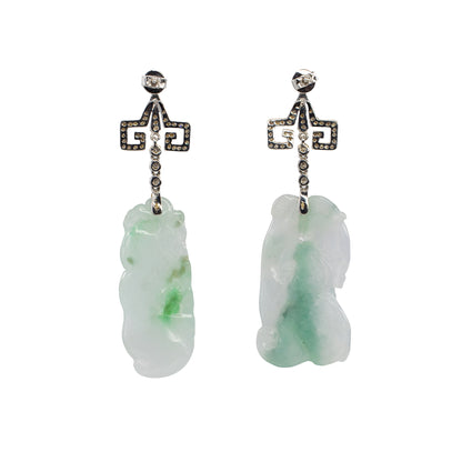 White Gold Carved Jadeite Jade and Diamond Asian-Motif Drop Earrings