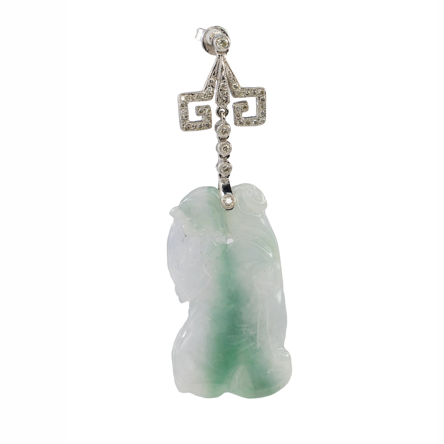 White Gold Carved Jadeite Jade and Diamond Asian-Motif Drop Earrings
