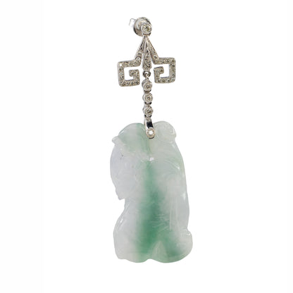 White Gold Carved Jadeite Jade and Diamond Asian-Motif Drop Earrings