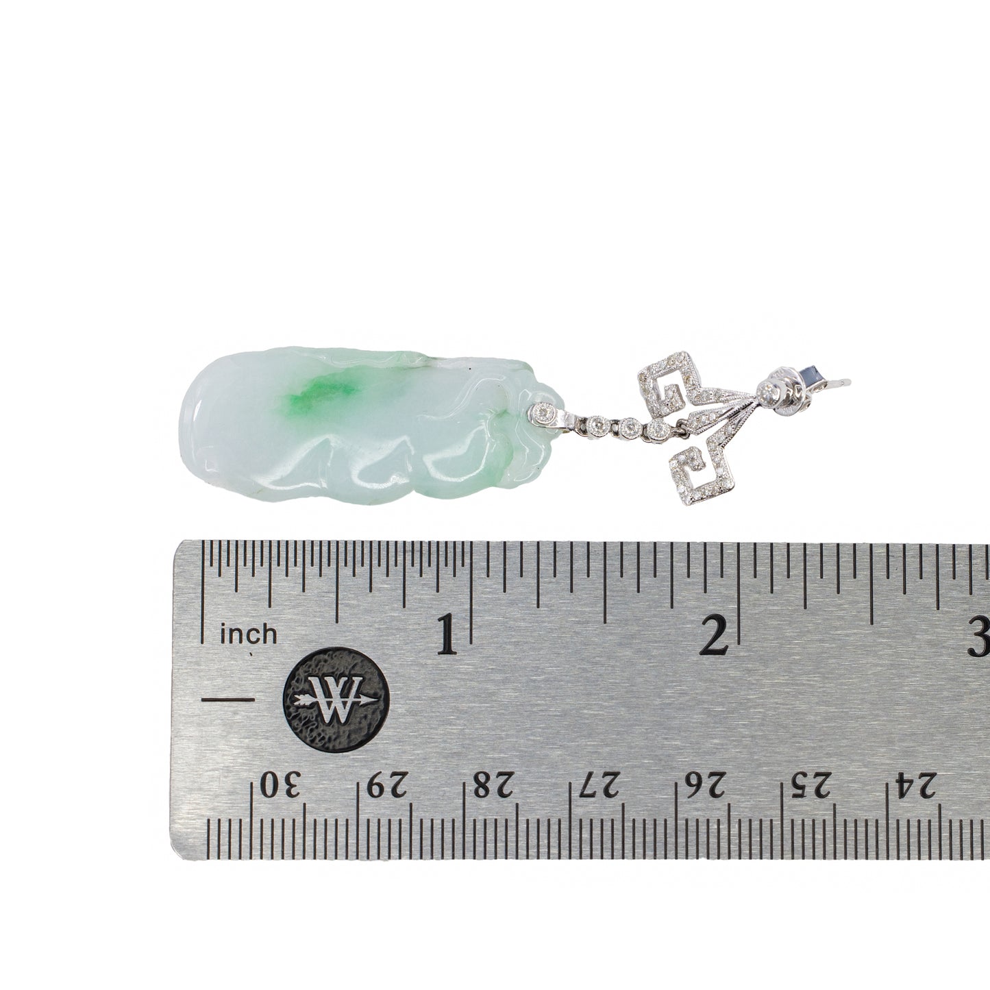 White Gold Carved Jadeite Jade and Diamond Asian-Motif Drop Earrings
