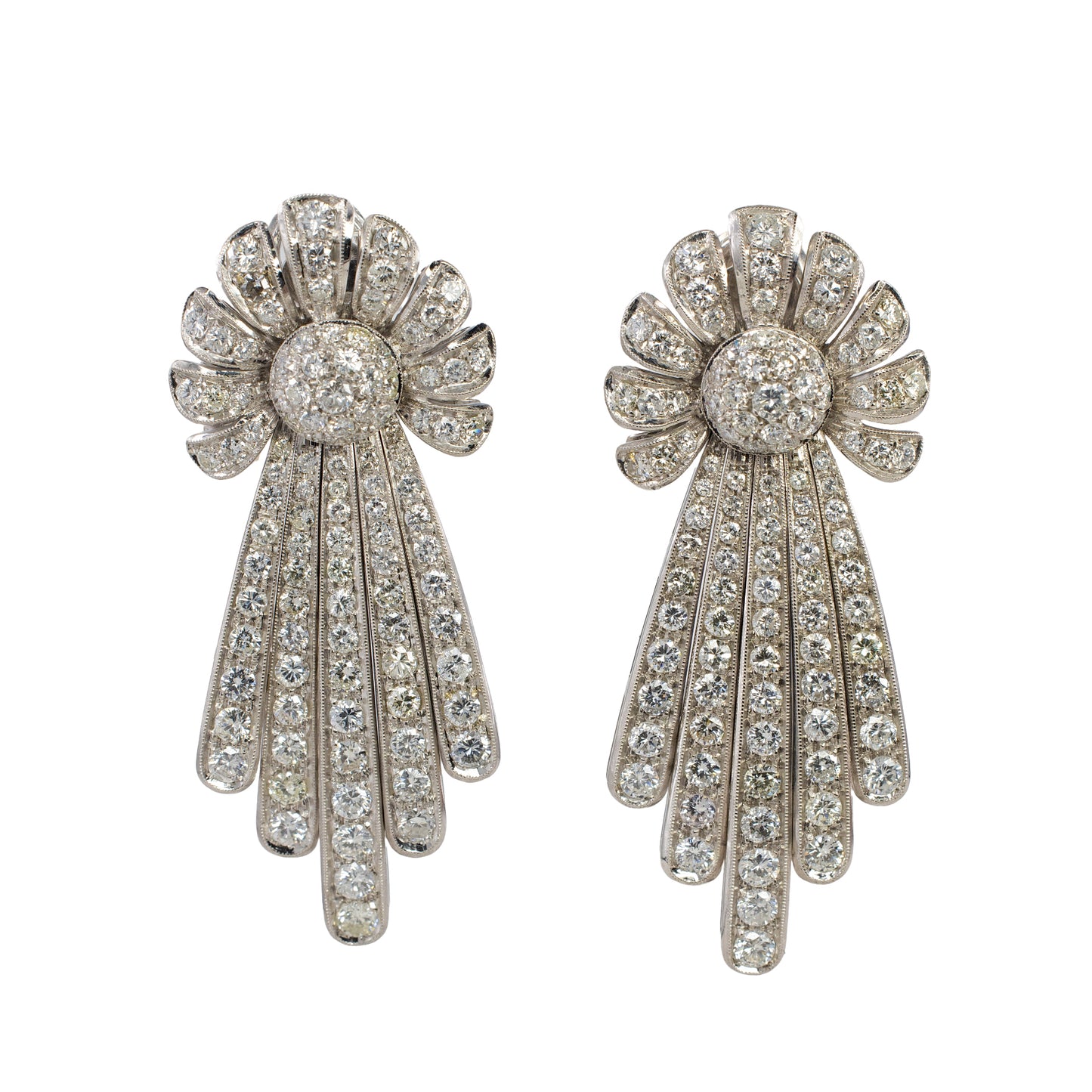 White Gold Vintage Diamond Spray Motif Drop Earrings