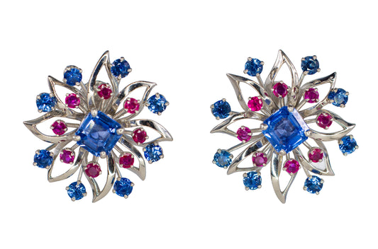 Cartier Platinum Sapphire & Ruby Floral Earrings