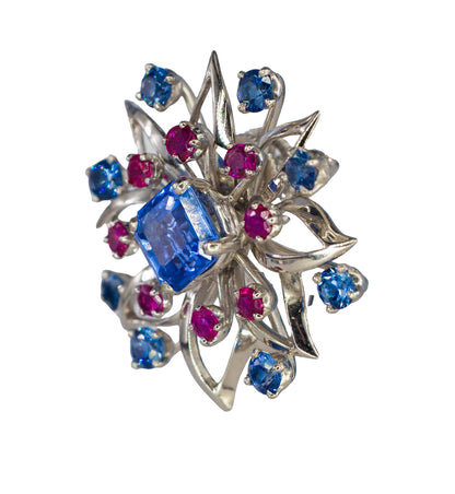 Cartier Platinum Sapphire & Ruby Floral Earrings