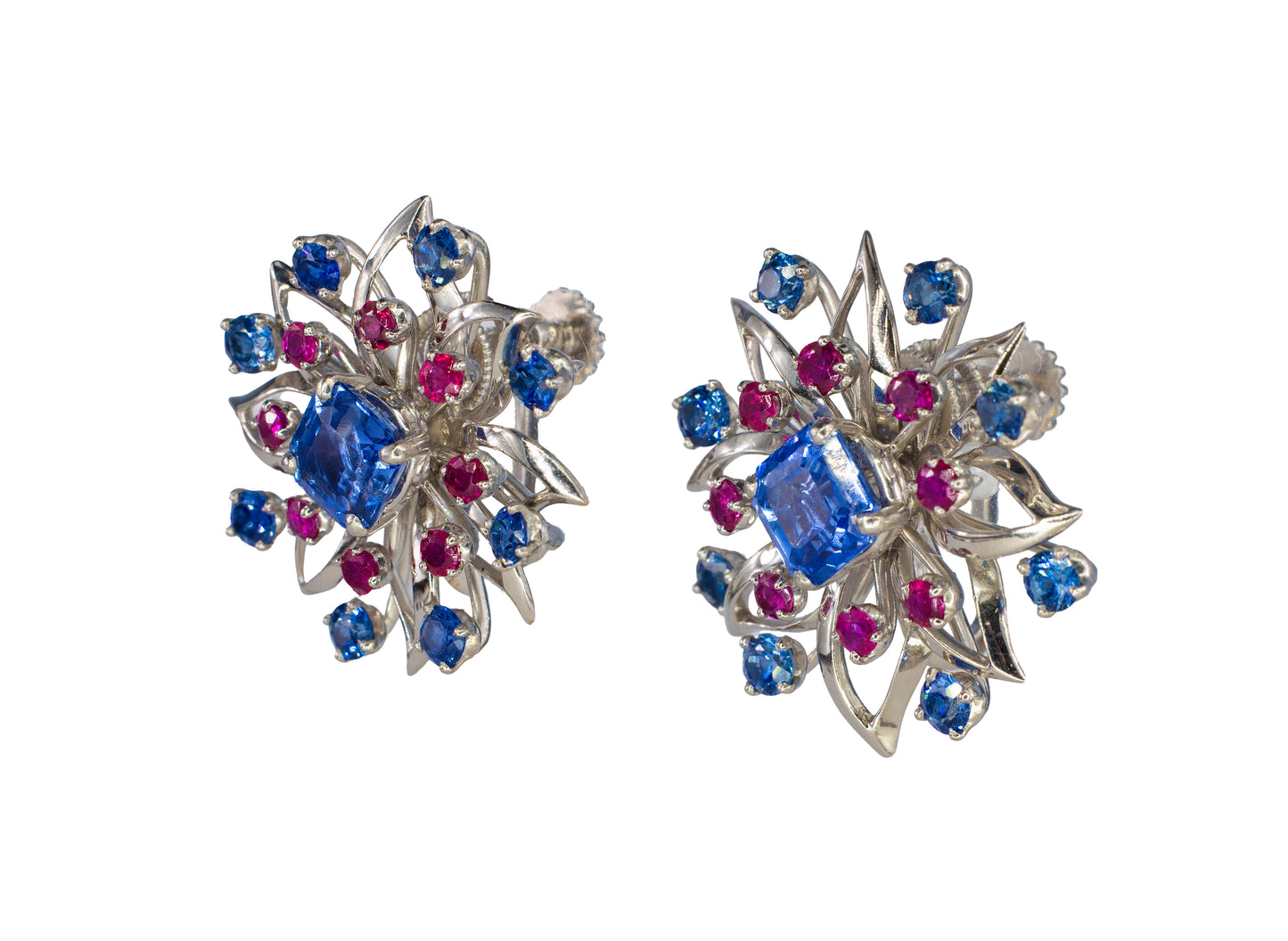 Cartier Platinum Sapphire & Ruby Floral Earrings