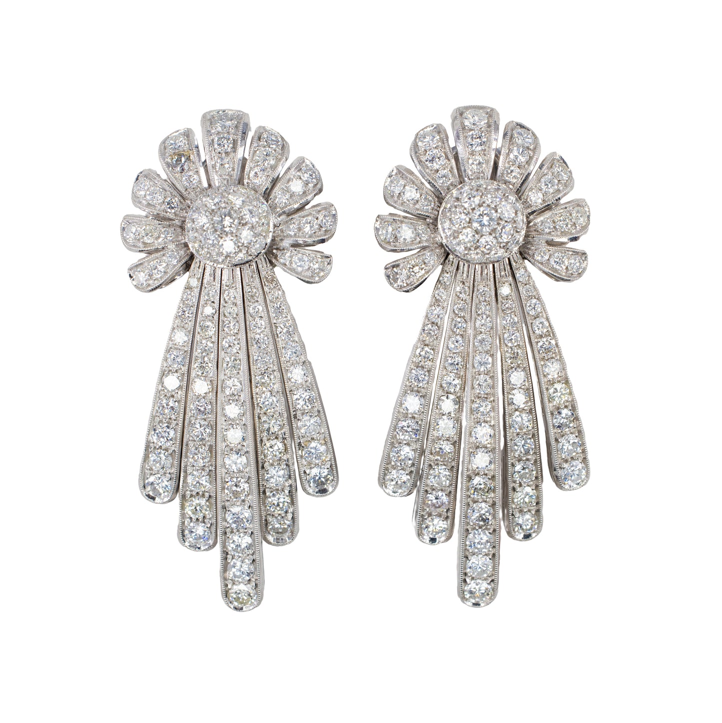 White Gold Vintage Diamond Spray Motif Drop Earrings